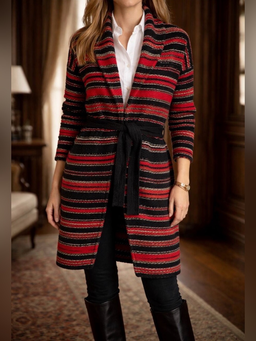 Lauren Ralph Lauren Red & Black Wool blend Belted Long Striped Cardigan - Medium